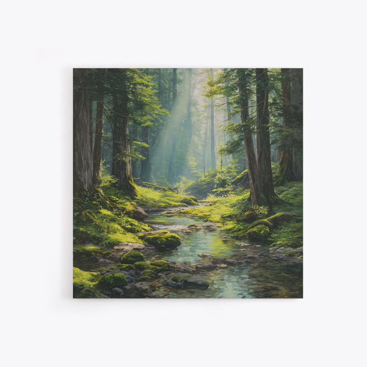 Sunlit Forest Creek Landscape Wall Art Nature Painting Canvas Print Rustic Home Decor Cabin Living Room Wall Art