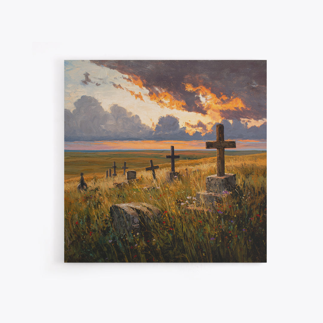 Moody Sunset Graveyard Landscape Wall Art, Dramatic Sky Rustic Canvas Print, Gothic Dark Academia Decor For Living Room
