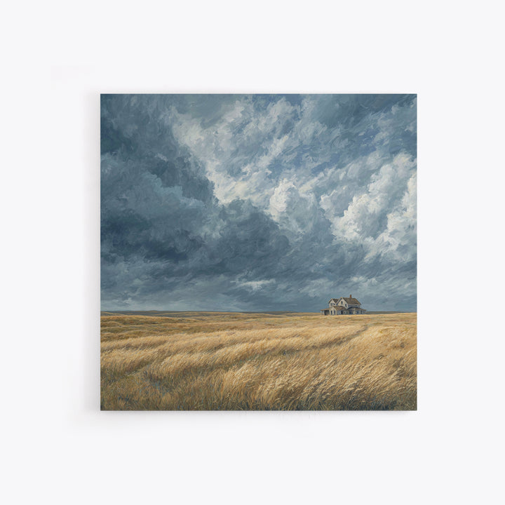 Moody Prairie House Stormy Sky Landscape Wall Art, Large Horizontal Canvas Print, Rustic Farmhouse Decor Living Room Art