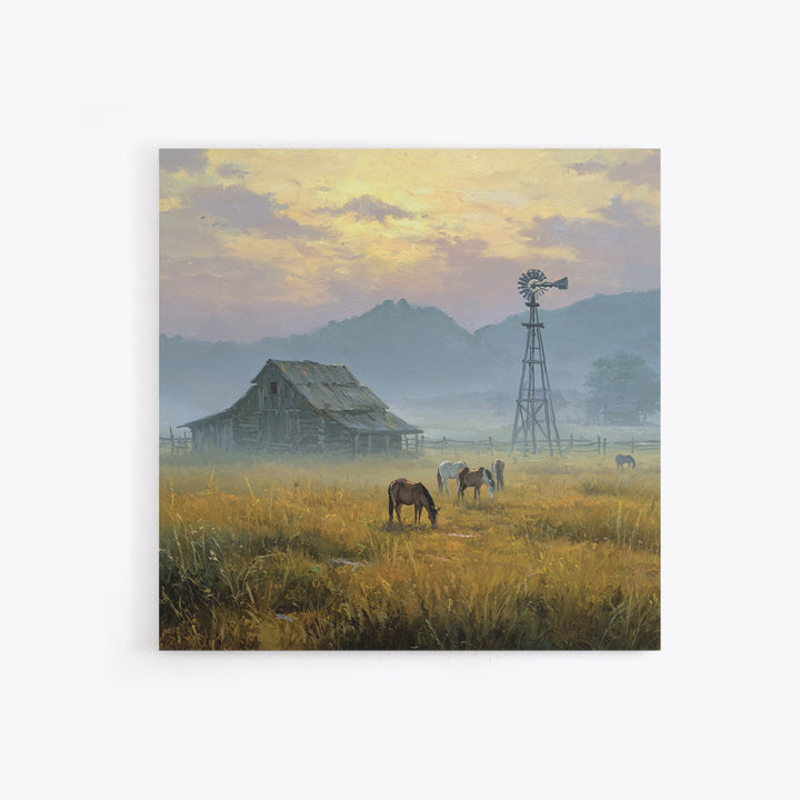 Rustic Barn And Horses Landscape Wall Art Canvas Print, Western Country Decor, Farmhouse Wall Art, Large Living Room Art