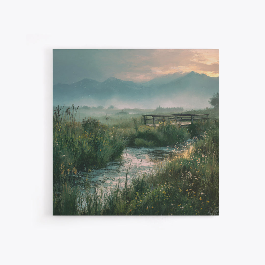 Tranquil Meadow Stream With Wooden Bridge And Mountains Landscape Wall Art Framed Canvas Print For Bedroom Decor