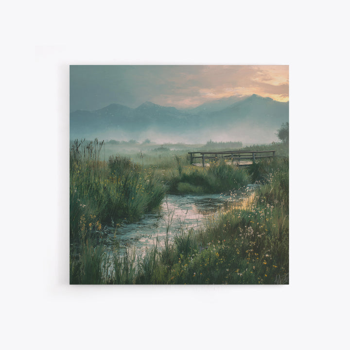 Tranquil Meadow Stream With Wooden Bridge And Mountains Landscape Wall Art Framed Canvas Print For Bedroom Decor