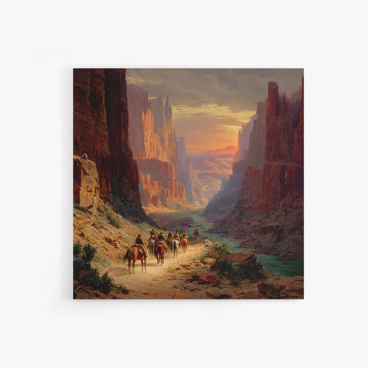 Cowboys Riding Through Canyon At Sunset Wall Art, Western Landscape Painting Print, Rustic Southwest Decor Living Room Art