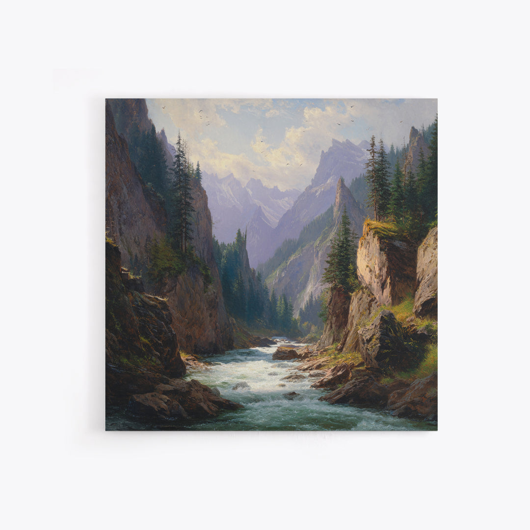 Majestic Mountain River Landscape Oil Painting Wall Art, Large Nature Canvas Print, Rustic Cabin And Living Room Decor