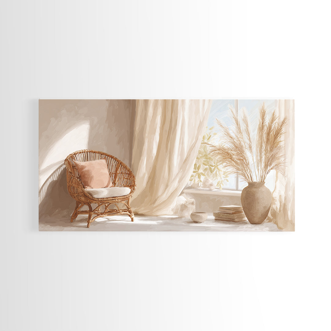 Sunlit Wicker Chair And Pampas Grass Framed Canvas Print, Neutral Boho Wall Decor, Cozy Bedroom Art For Modern Home Decor