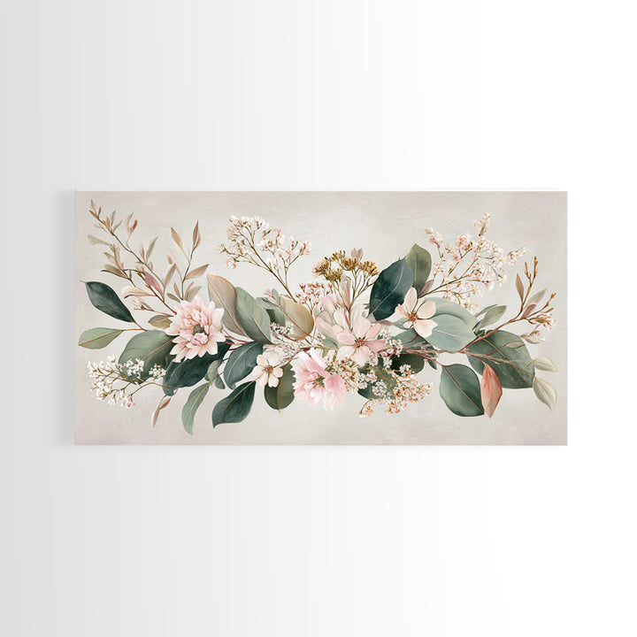 Soft Pink Floral Greenery Canvas Print, Eucalyptus Botanical Wall Decor, Neutral Living Room Art, Modern Farmhouse Decor