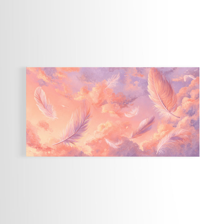 Pink Feather Sky Canvas Print, Dreamy Pastel Cloud Art, Celestial Nursery Decor, Whimsical Bedroom Wall Decor Gift For Her
