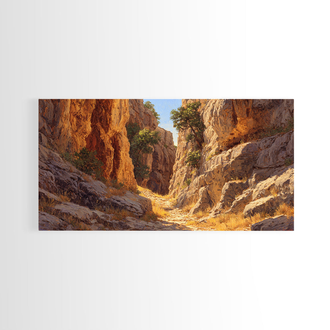 Rustic Canyon Landscape Oil Painting Bright Earth Tone Wall Art Framed Canvas Print Ideal For Living Room Decor Nature Lovers Gift