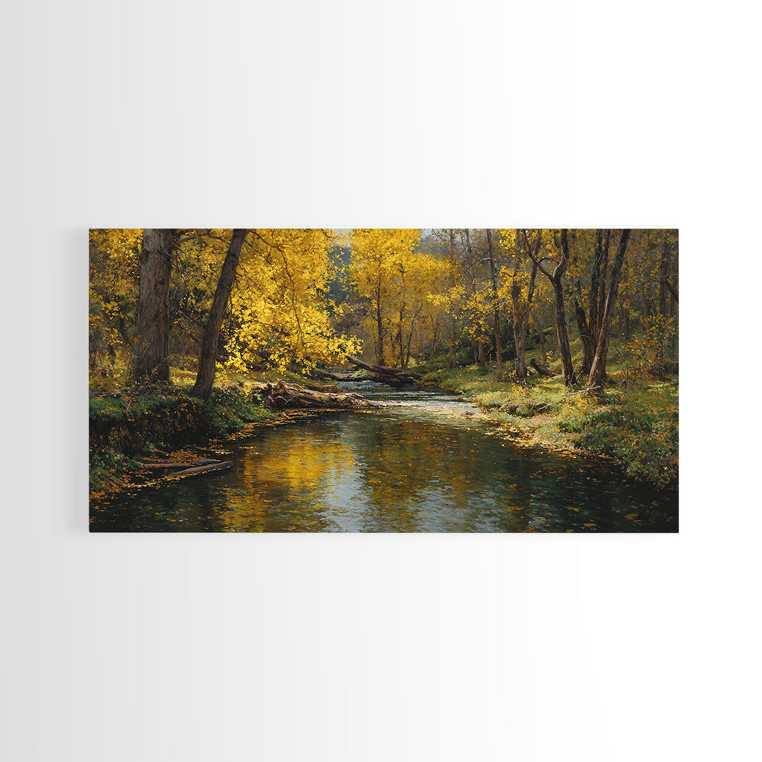 Peaceful Autumn Landscape River Scene Oil Painting Wall Art Canvas Print Rustic Home Decor Large Wall Art