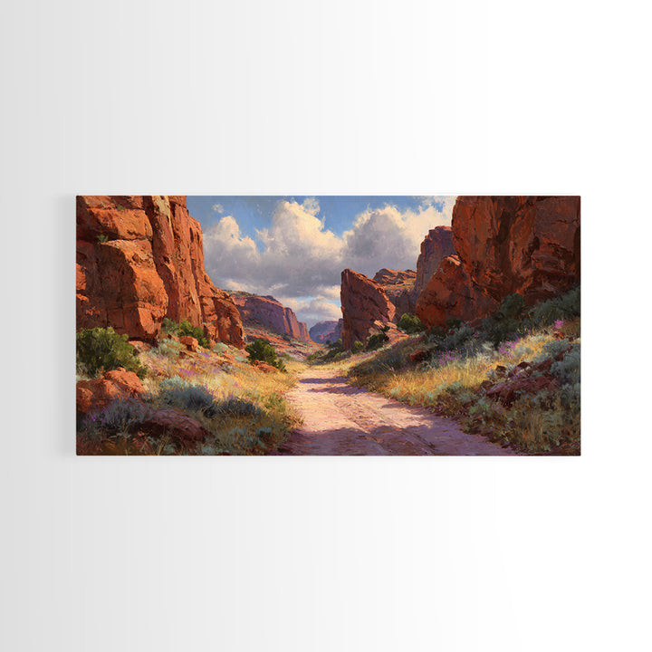 Sunlit Rocky Canyon Landscape With Wildflowers Scenic Wall Art Framed Canvas Print For Rustic Home Decor And Nature Lovers