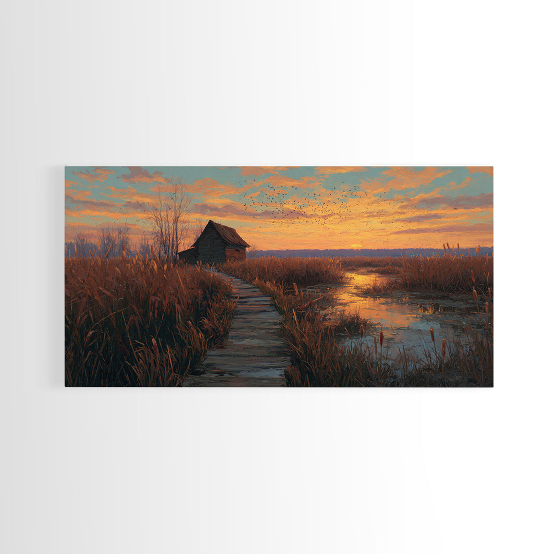 Rustic Autumn Wetland Landscape With Wooden Pathway Original Oil Painting Framed Canvas Print For Cozy Home Decor