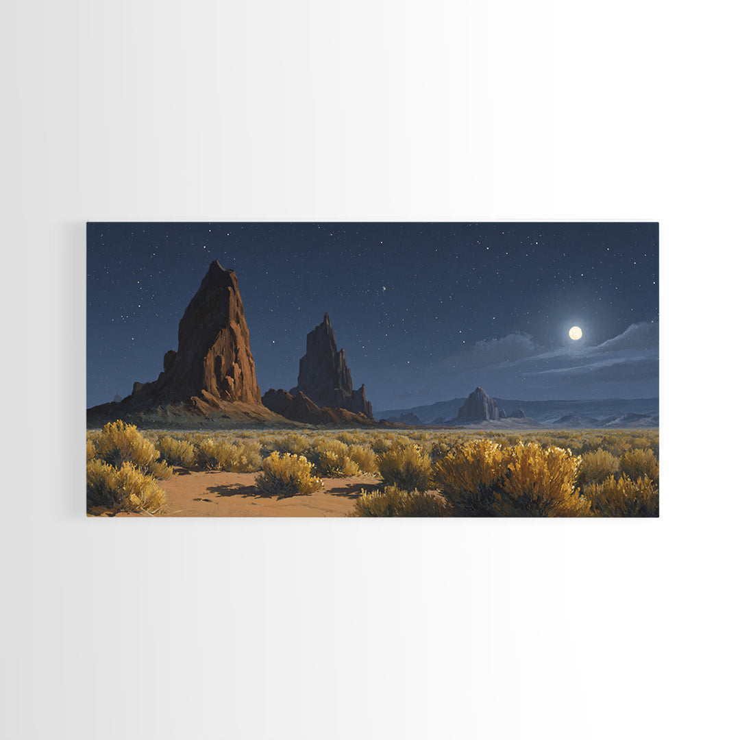 Moonlit Desert Landscape With Majestic Rock Formations And Starry Sky Original Oil Painting Wall Art Canvas Print