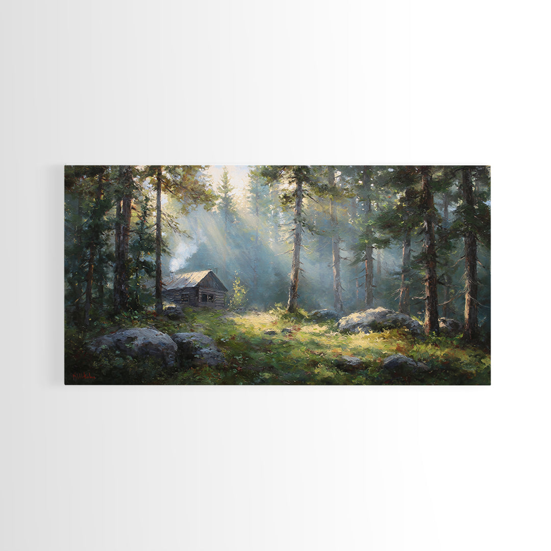 Beautiful Forest Cabin With Sunlight Streaming Through Trees Oil Painting Canvas Print Wall Art