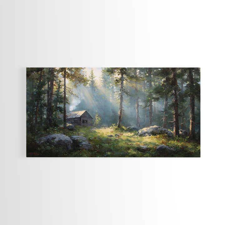 Beautiful Forest Cabin With Sunlight Streaming Through Trees Oil Painting Canvas Print Wall Art