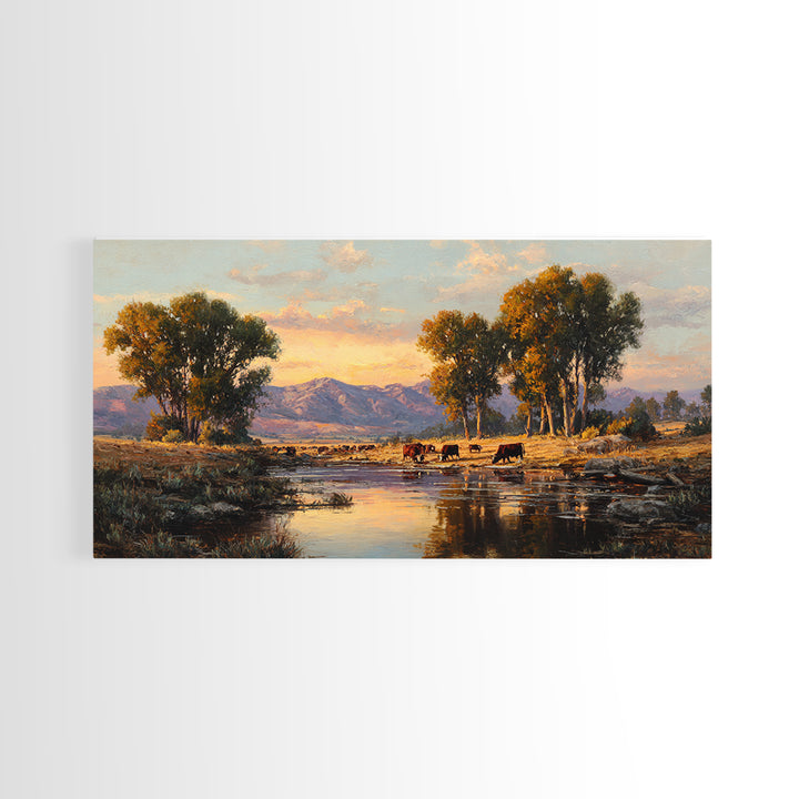 Warm Sunset Over Mountains Large Landscape Wall Art Framed Canvas Print Rustic Nature Home Decor