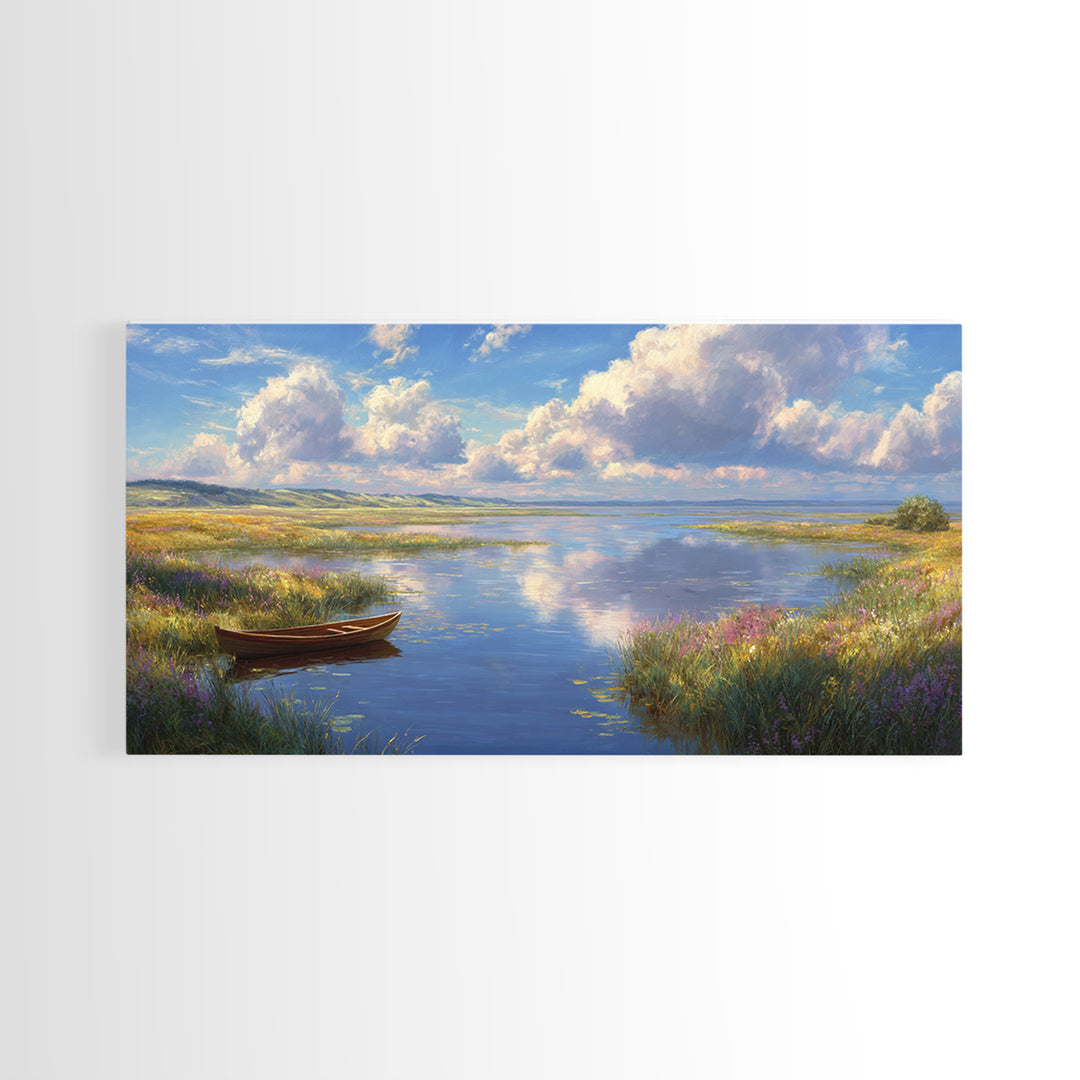 Tranquil Lake Landscape With A Wooden Rowboat in Soft Light Wall Art Framed Canvas Print for Living Room Decor and Home