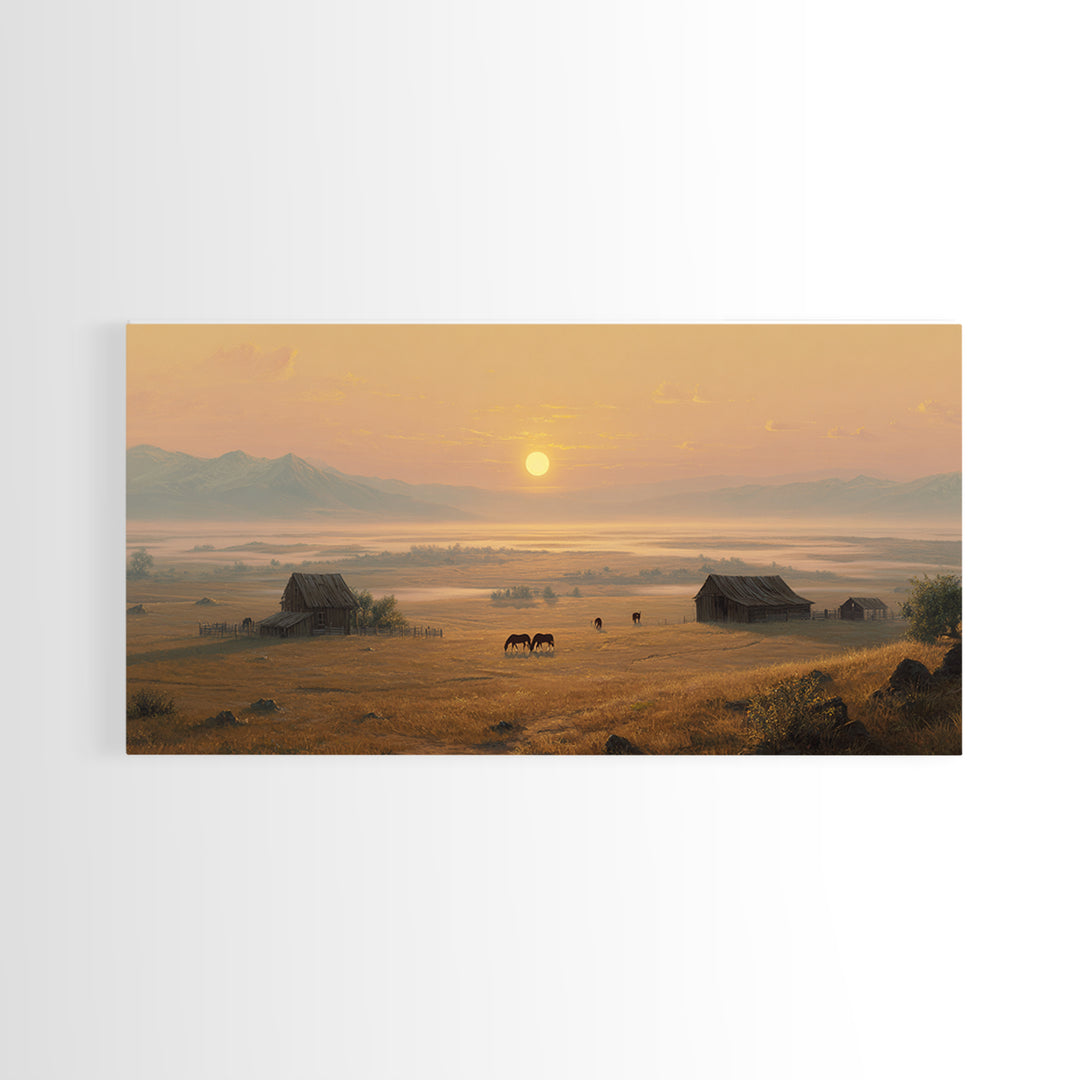 Golden Hour Peaceful Ranch Landscape With Horses Wall Art Framed Canvas Print Rustic Western Decor Original Landscape Home Decor