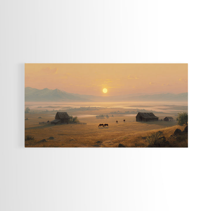 Golden Hour Peaceful Ranch Landscape With Horses Wall Art Framed Canvas Print Rustic Western Decor Original Landscape Home Decor