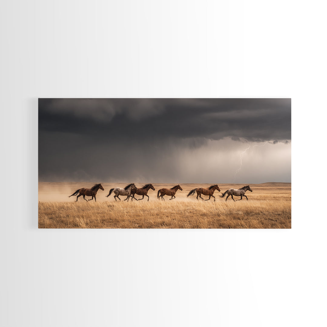 Majestic Wild Horses Running In Field Large Landscape Wall Art Framed Canvas Print Western Farmhouse Decor