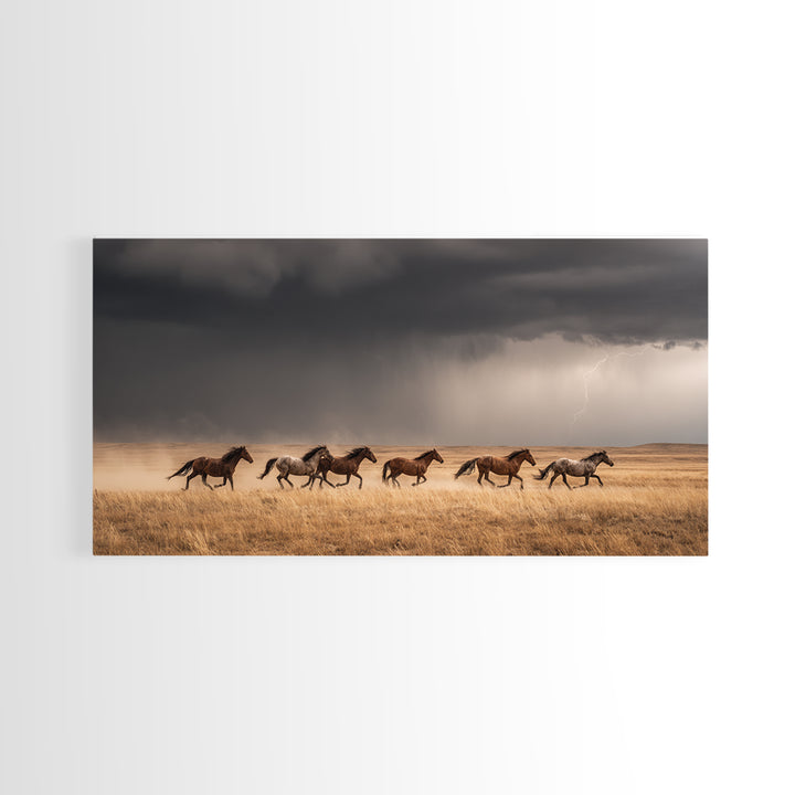 Majestic Wild Horses Running In Field Large Landscape Wall Art Framed Canvas Print Western Farmhouse Decor