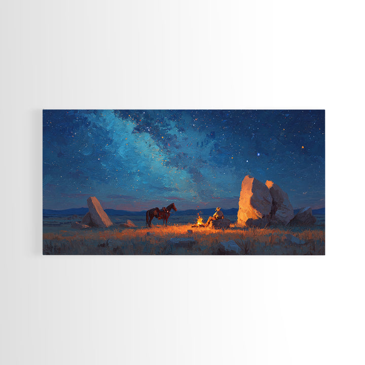 Western Cowboy Night Campfire Scene Oil Painting Canvas Print Large Wall Art Rustic Home Decor