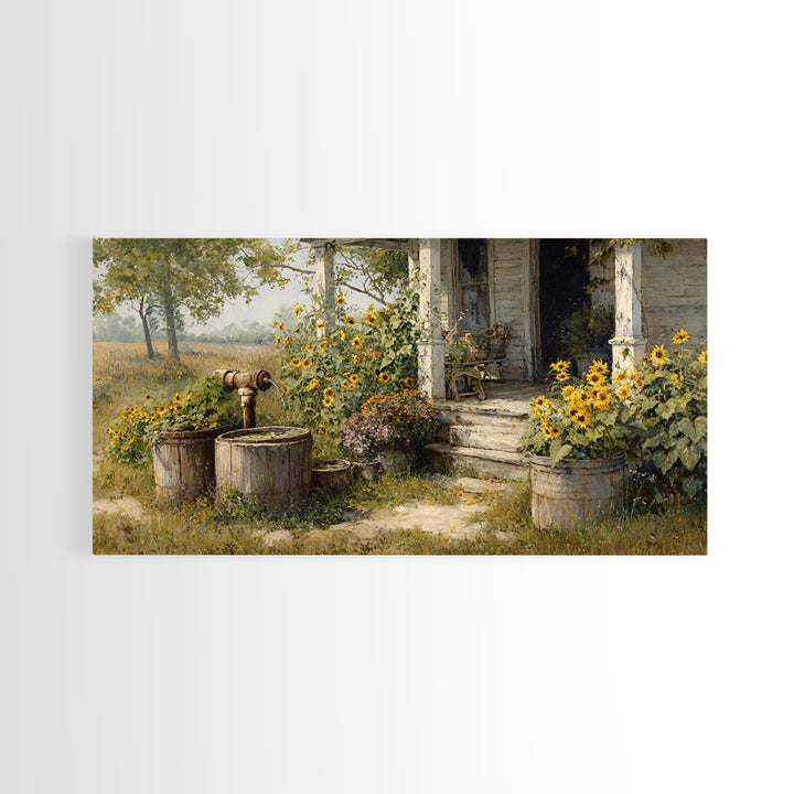 Charming Rustic Farmhouse Sunflower And Well Painting Warm Country Wall Art For Cozy Home Kitchen Decor Canvas Print