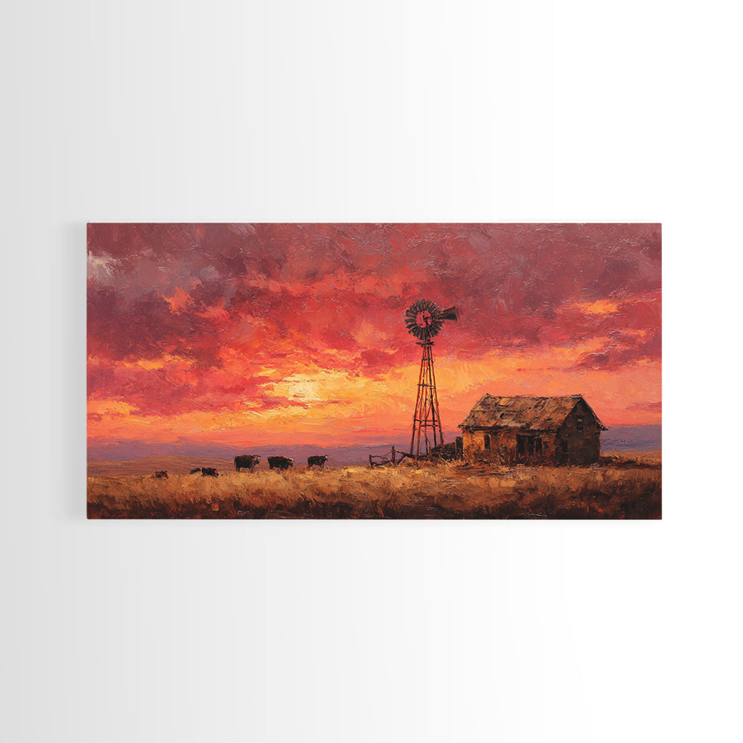 Rustic Western Landscape With Windmill And Cows At Glowing Sunset Framed Canvas Print For Farmhouse Decor