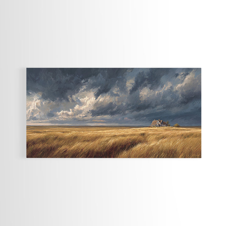 Golden Wheat Field With Rustic House Under Dramatic Sky Landscape Painting Canvas Print For Living Room Decor