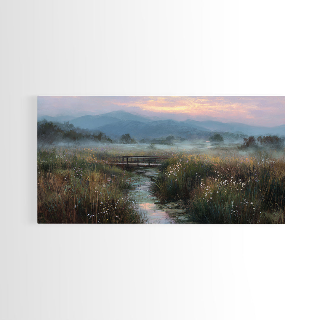 Tranquil Early Morning Meadow Landscape Oil Painting With Bridge Nature Wall Art For Rustic Home Decor Canvas Print