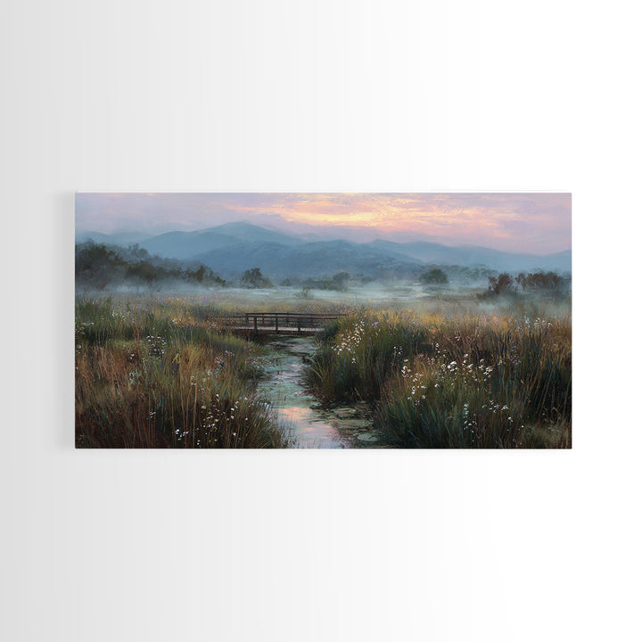 Tranquil Early Morning Meadow Landscape Oil Painting With Bridge Nature Wall Art For Rustic Home Decor Canvas Print