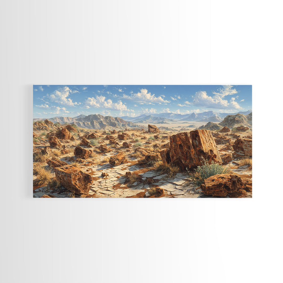Desert Landscape With Sunbaked Rocks And Mountains Canvas Print Rustic Wall Art Home Decor Modern Southwestern Painting