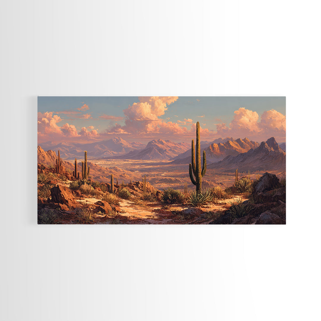 Southwestern Desert Landscape With Saguaro Cacti And Mountains Scenic Wall Art Framed Canvas Print Rustic Home Decor