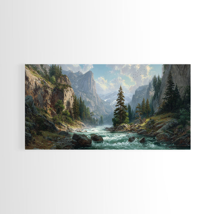 Majestic Mountain River Landscape Painting Large Wall Art Framed Canvas Print Rustic Home Decor Wall Hanging For Living Room Office