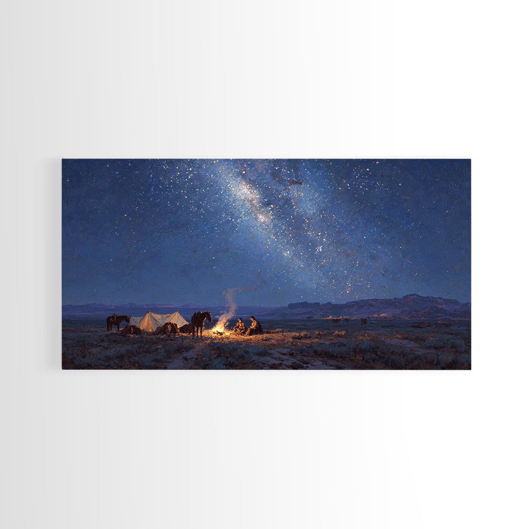 Western Night Landscape Painting With Campfire And Horses Under Starry Sky Wall Art