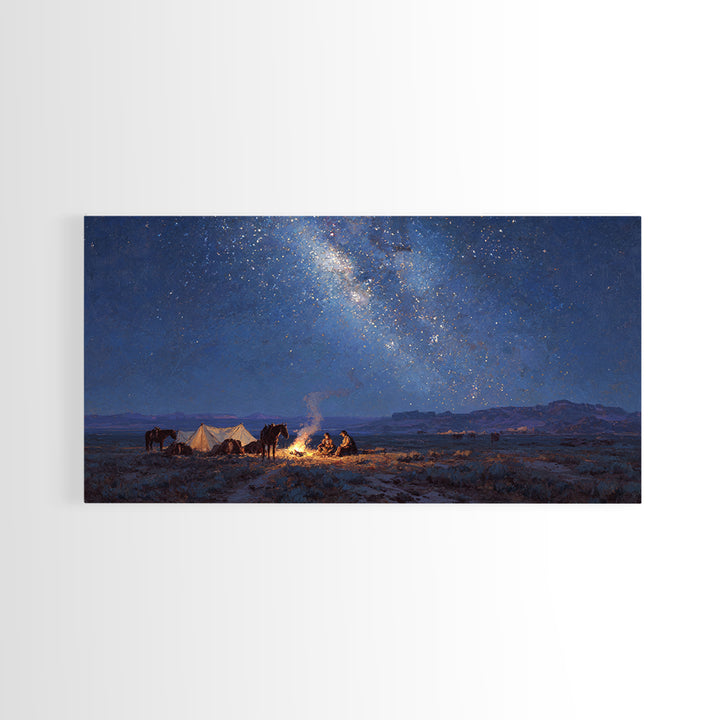 Western Night Landscape Painting With Campfire And Horses Under Starry Sky Wall Art