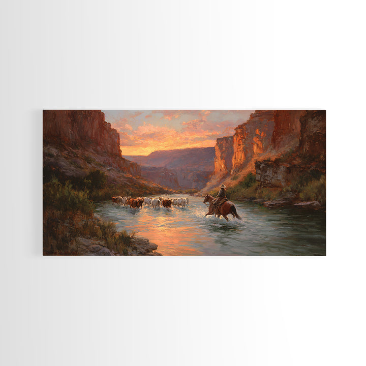Peaceful Cowboy Herding Cattle At Sunset In Expansive Western Landscape Oil Painting Large Wall Art For Rustic Decor