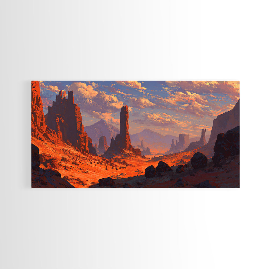 Dramatic Desert Landscape With Rocky Formations And Warm Sunset Sky Fine Art Wall Art Framed Canvas Print
