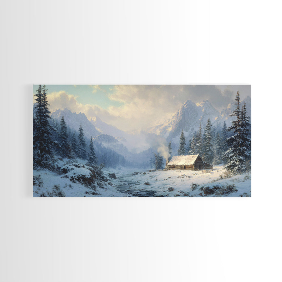 Classic Winter Cabin In Snowy Mountain Landscape Wall Art Framed Canvas Print Rustc Lodge Decor Cabin Wall Art Gift For Men