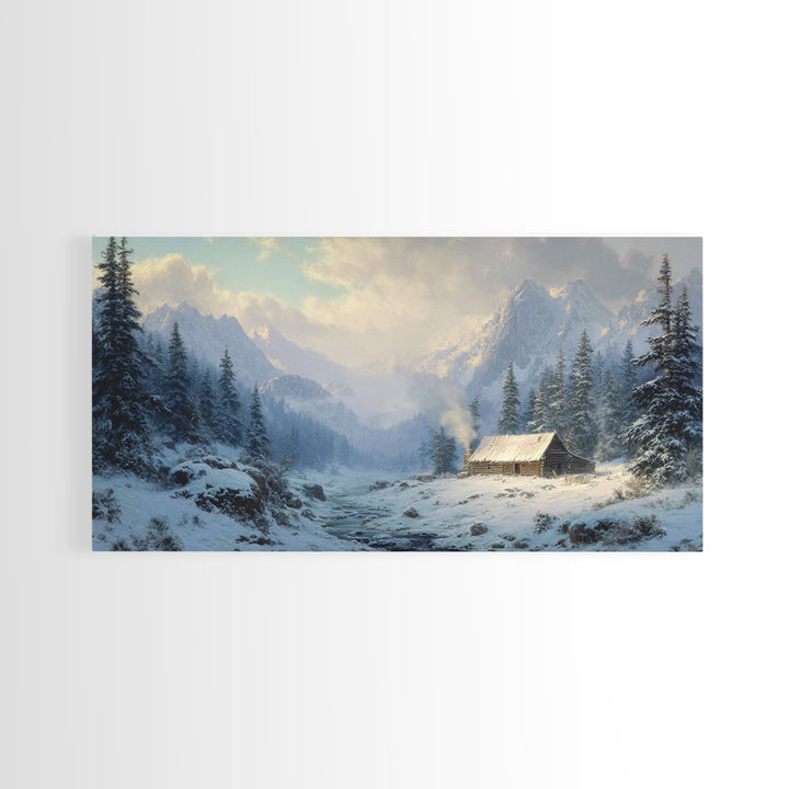 Classic Winter Cabin In Snowy Mountain Landscape Wall Art Framed Canvas Print Rustc Lodge Decor Cabin Wall Art Gift For Men