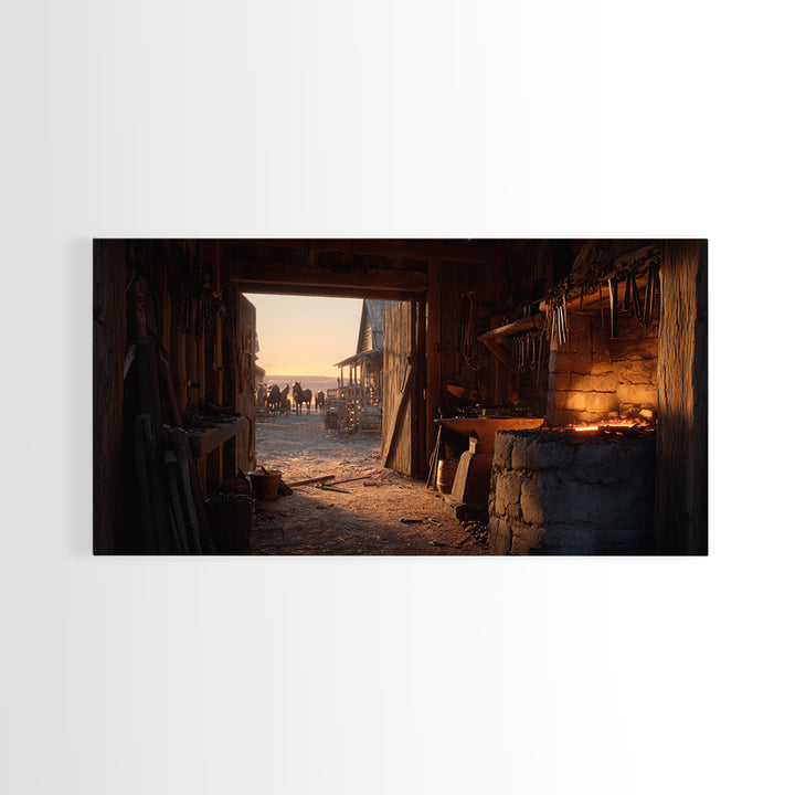 Rustic Blacksmith Forge Interior With Horses Silhouettes Wall Art Canvas Print For Western Decor And Farmhouse Style Home