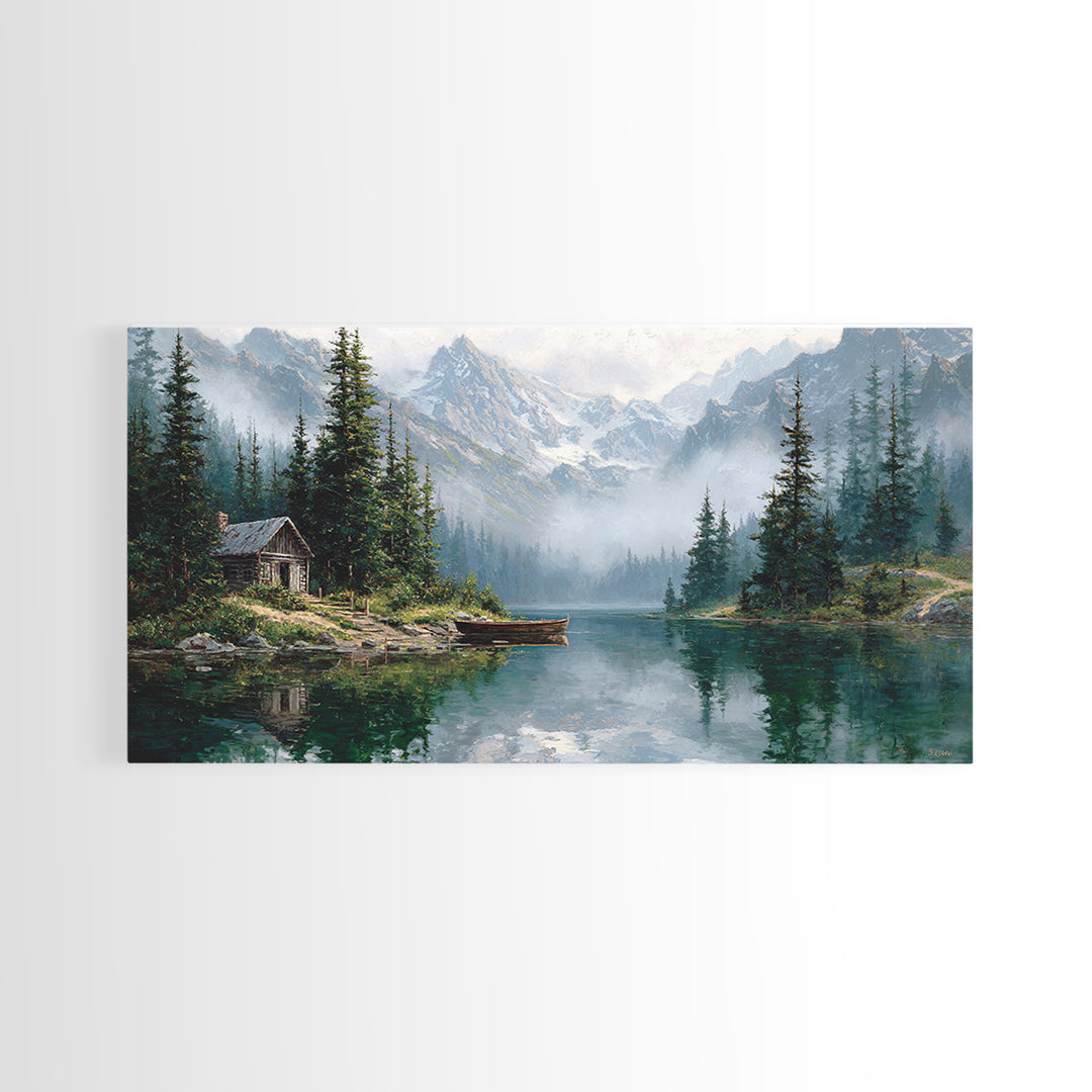 Serene Lake And Mountain Landscape Painting Canvas Print Large Wall Art Rustic Home Decor Nature Wall Art Framed Canvas Print