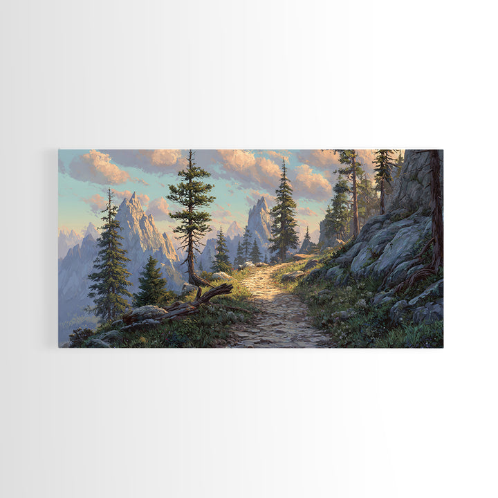 Mountain Landscape With Pine Trees And Rocky Path Scenic Nature Wall Art Framed Canvas Print For Living Room Decor