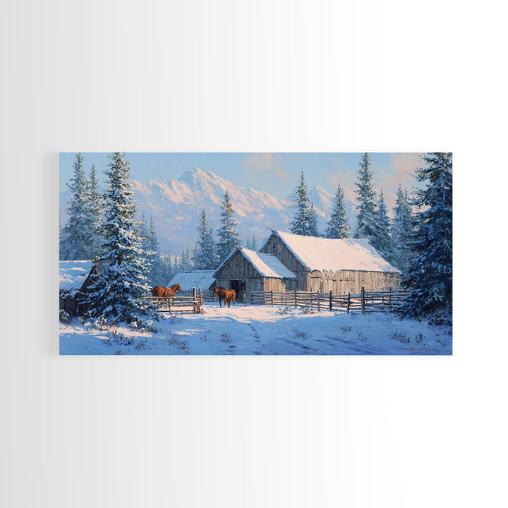 Charming Snowy Barn Winter Landscape Oil Painting Wall Art Framed Canvas Print Rustic Home Decor Cabin Living Room Art Print