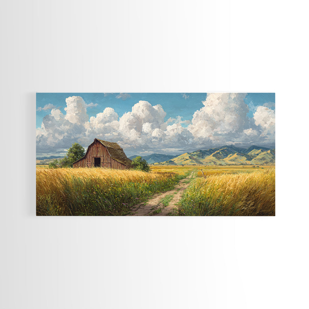 Classic Country Barn in Golden Autumn Field With Mountain Backdrop Oil Painting Canvas Print Wall Art for Rustic Home Decor