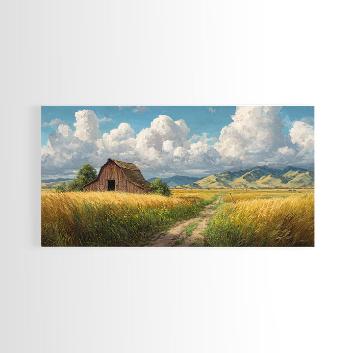 Classic Country Barn in Golden Autumn Field With Mountain Backdrop Oil Painting Canvas Print Wall Art for Rustic Home Decor
