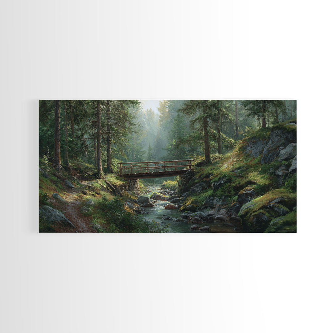 Peaceful Forest Stream Scenic Landscape Painting Large Wall Art Framed Canvas Print Rustic Nature Wall Decor For Living Room Bedroom