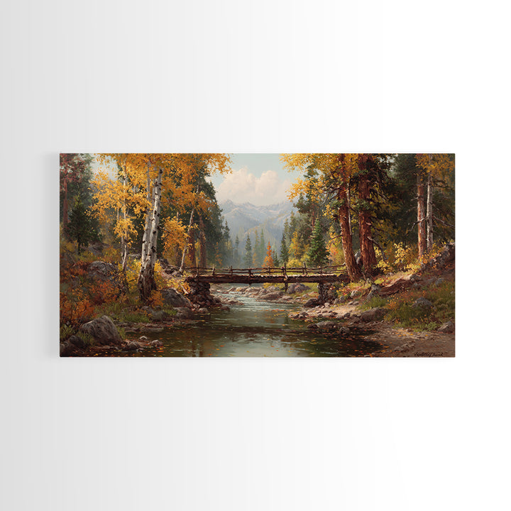 Peaceful Autumn Forest Landscape With Creek And Wooden Bridge Oil Painting Wall Art Framed Canvas Print