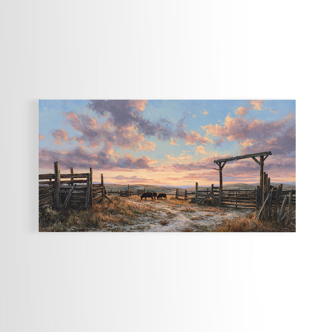 Rustic Western Ranch Sunset Landscape Painting Of Horses Grazing At Dusk Framed Canvas Print For Modern Wall Art And Home Decor