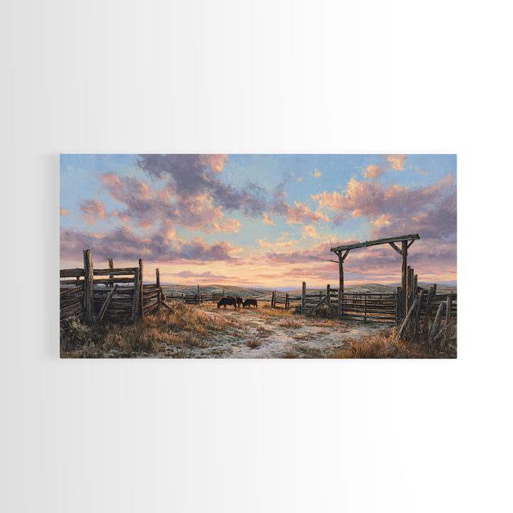 Rustic Western Ranch Sunset Landscape Painting Of Horses Grazing At Dusk Framed Canvas Print For Modern Wall Art And Home Decor