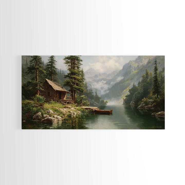 Peaceful Riverside Cabin Landscape Painting Wall Art Framed Canvas Print Rustic Home Decor Large Art Print
